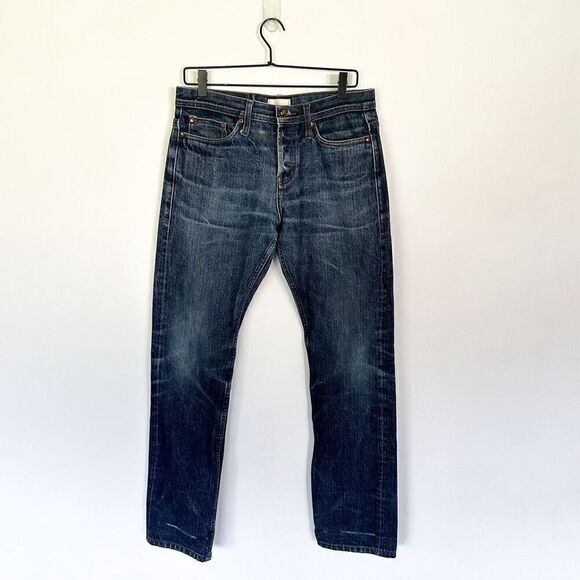 The Unbranded Brand Men’s Distressed Selvedge Buttonfly Tappered Leg Dark Wash J - Picture 1 of 16